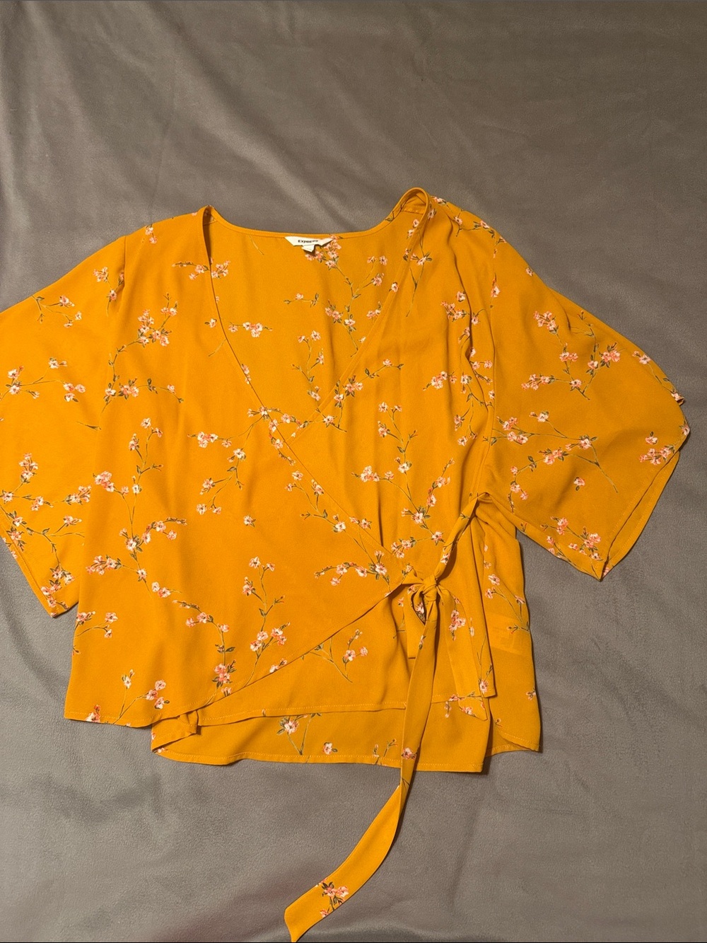 Express Mustard Floral Tie-Waist Wrap Blouse